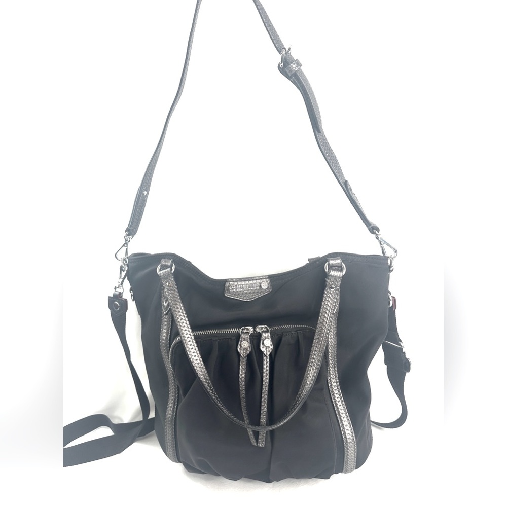 MZ Wallace Nikki Black Nylon Crossbody Shoulder Bag Snakeskin Leather Trim